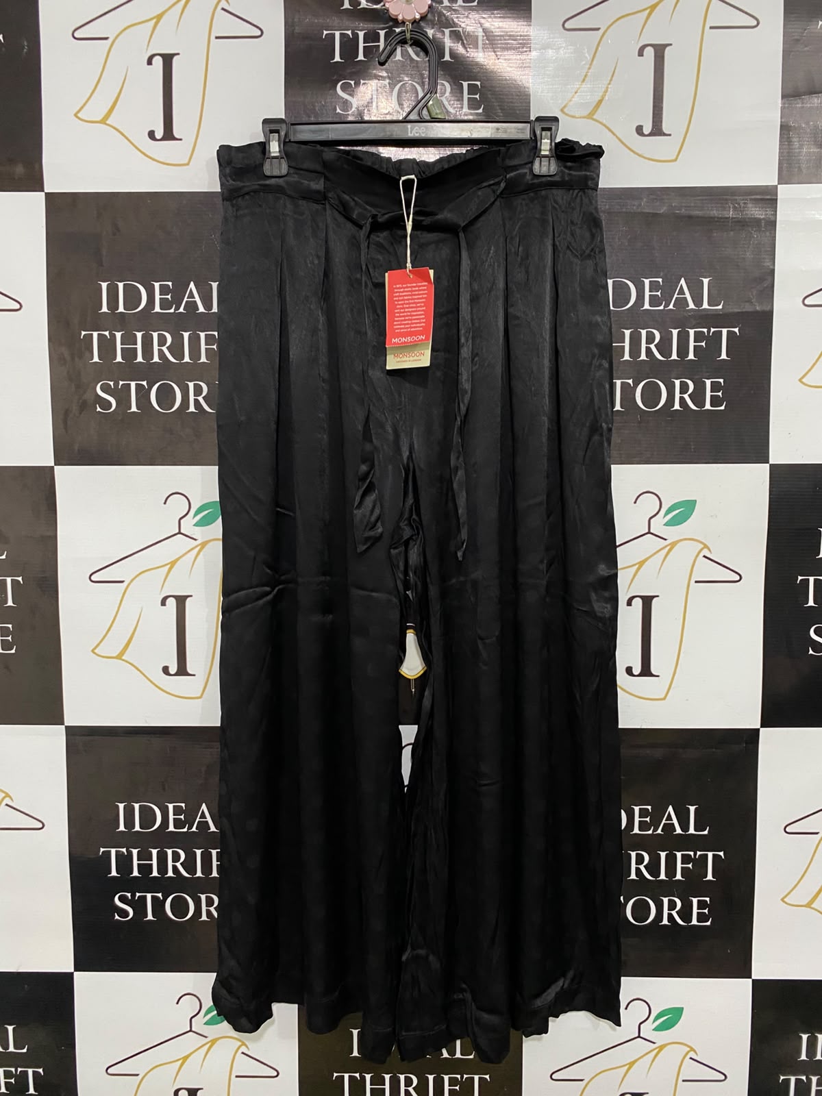 MONSOON |M| WAIST 30| A46| BLACK MONSOON SATIN-FINISH TIE-WAIST WIDE-LEG TECHNICAL UTILITY PALAZZO PANTS