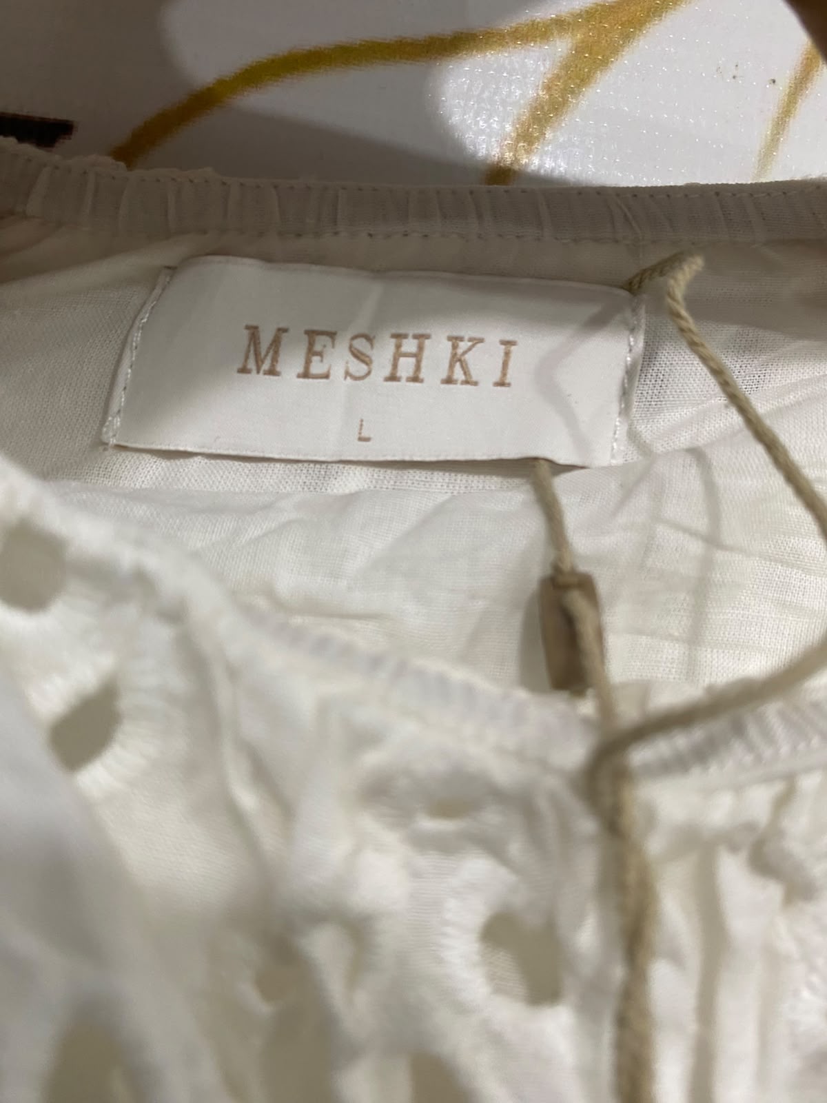 MESHKI |L| BUST 18| A46| WHITE EYELET EMBROIDERED OFF-SHOULDER TECHNICAL UTILITY CROP TOP