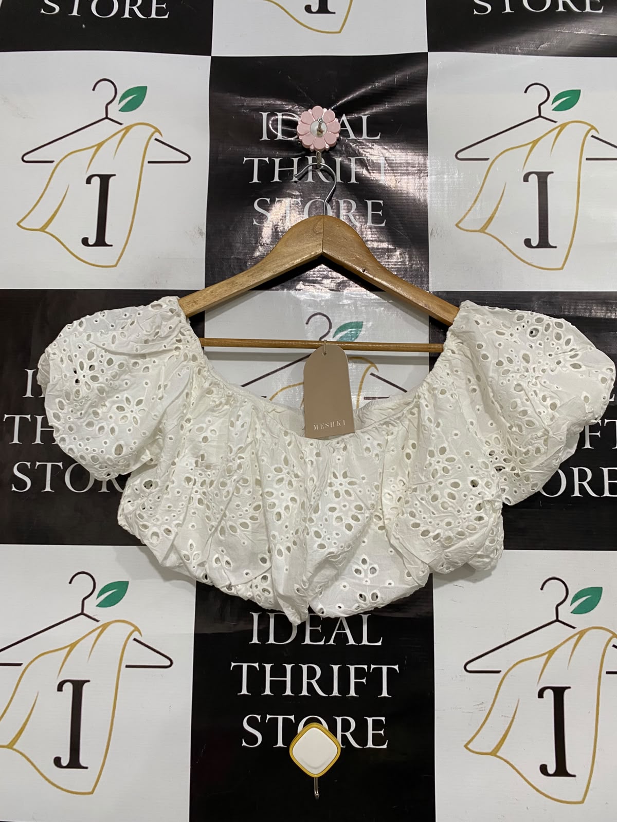 MESHKI |L| BUST 18| A46| WHITE EYELET EMBROIDERED OFF-SHOULDER TECHNICAL UTILITY CROP TOP