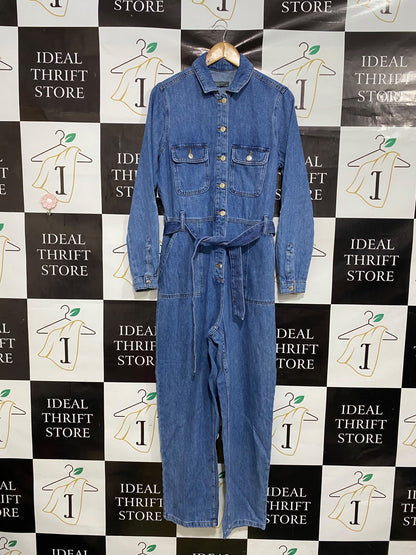 PAPAYA |L| BUST 20| A46| MEDIUM-WASH DENIM TIE-WAIST UTILITY JUMPSUIT