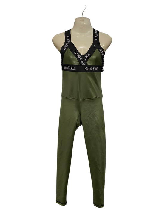 GAMA ALTA |S/M| BUST 15| A47| OLIVE GREEN GANA ALTA BRANDED STRAP TECHNICAL UTILITY JUMPSUIT
