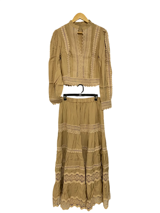 ANEWSTA |L| A47| CAMEL LACE-TRIMMED TWO-PIECE TECHNICAL UTILITY SET