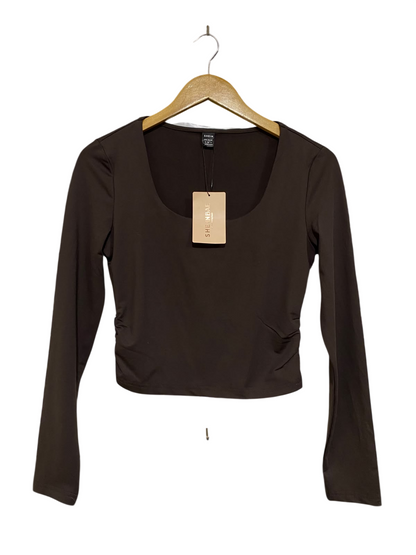 SHEIN |S| BUST 16| A47| BROWN SCOOP-NECK RUFFLED LONG-SLEVE TECHNICAL UTILITY CROP TOP