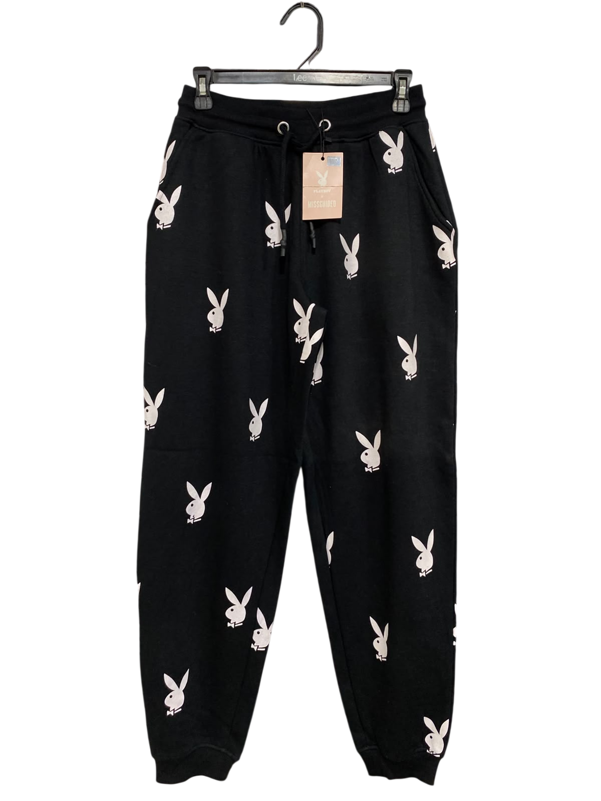 MISSGUIDED |S| WAIST 26| A48| BLACK PLAYBOY BUNNY-PRINT TECHNICAL UTILITY SWEATPANTS