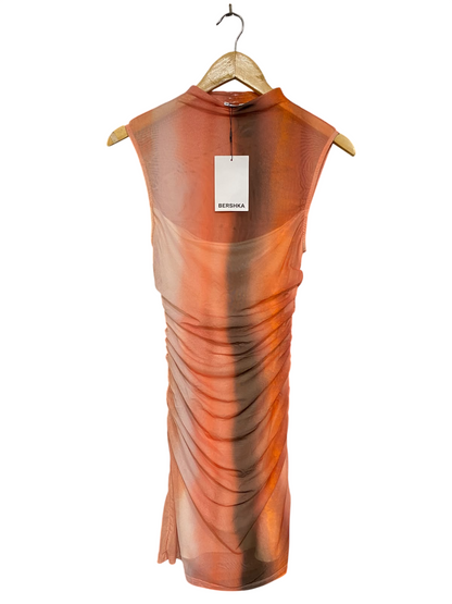 BERSHKA |M| BUST 13| A48| ORANGE-AND-BROWN GRADIENT MESH SLEEVELESS TECHNICAL UTILITY DRESS