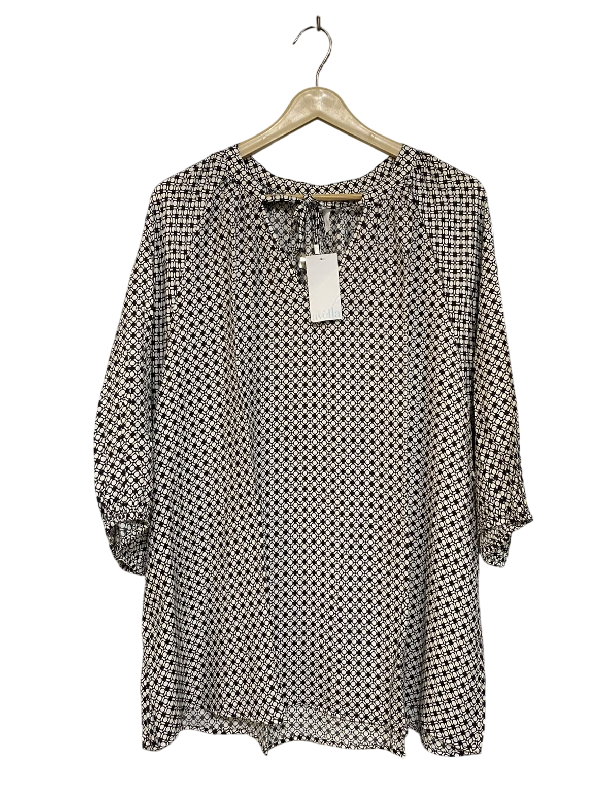 AVELLA |XL| BUST 26| A48| BLACK-AND-WHITE GEOMETRIC PRINT TIE-NECK TECHNICAL UTILITY BLOUSE