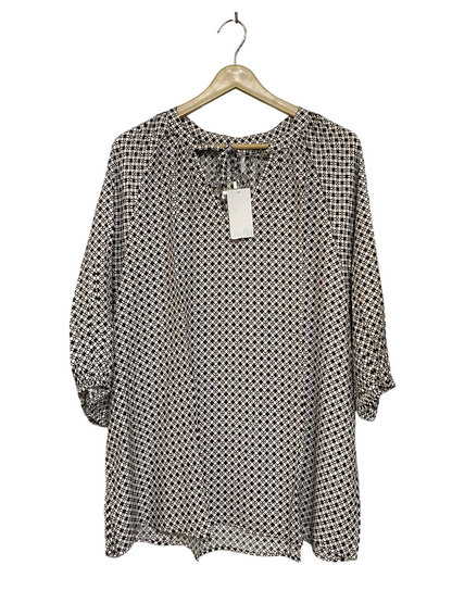 AVELLA |XL| BUST 26| A48| BLACK-AND-WHITE GEOMETRIC PRINT TIE-NECK TECHNICAL UTILITY BLOUSE