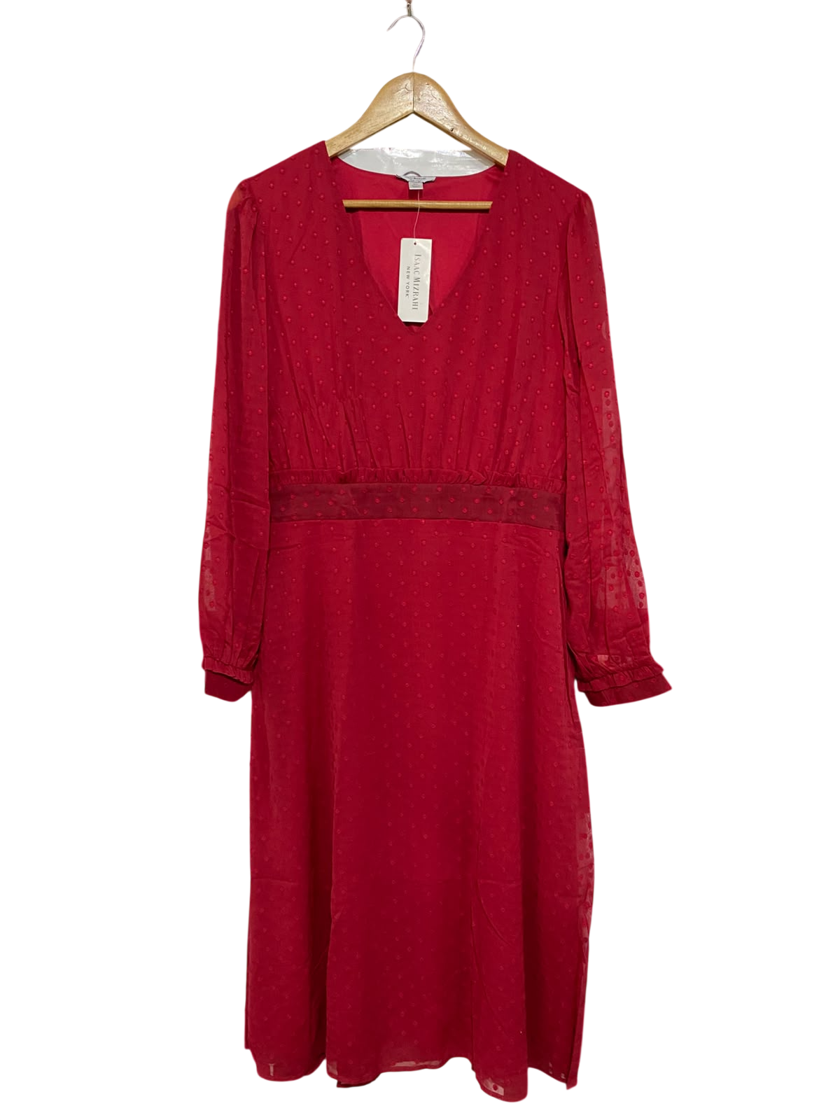 ISAAC MIZRAHI |XL| BUST 21| A48| CRIMSON SWISS-DOT LONG-SLEEVE TECHNICAL UTILITY MIDI DRESS