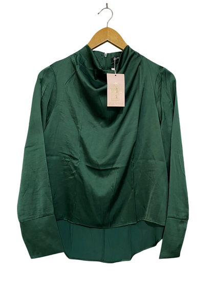 MODLLE |M| BUST 20| A48| EMERALD GREEN SATIN DRAPED-NECK TECHNICAL UTILITY BLOUSE