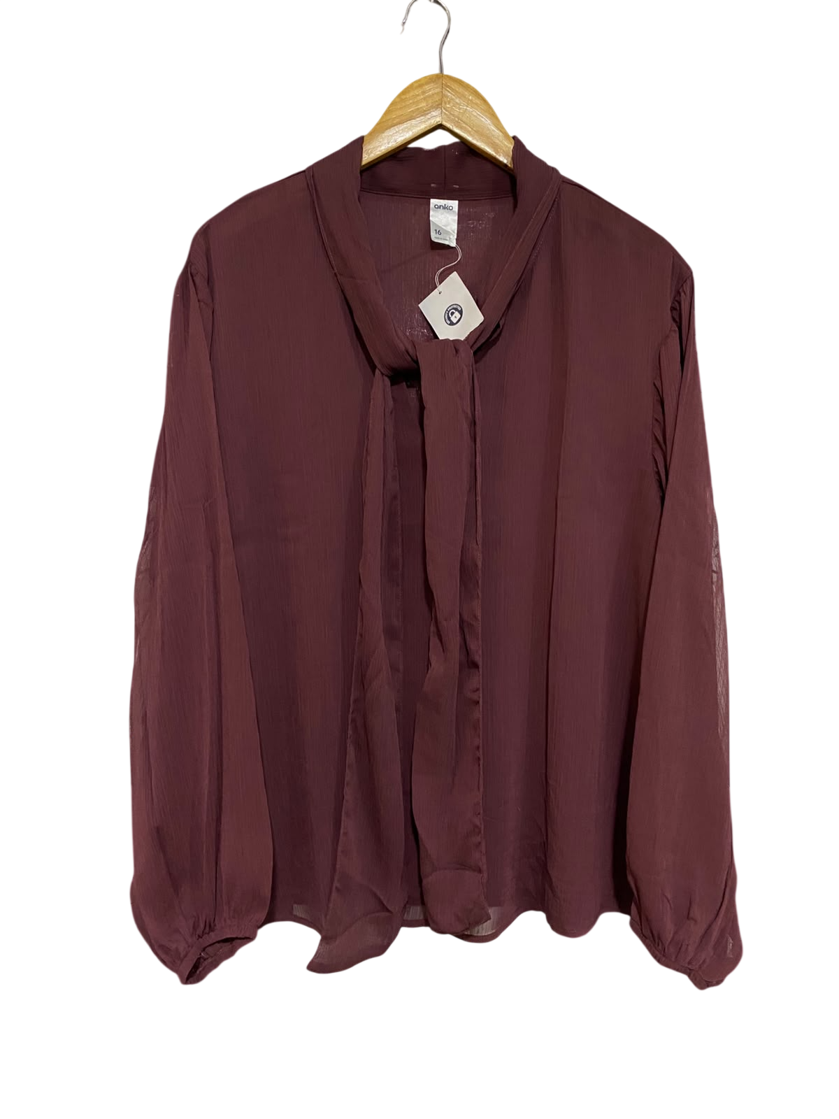ANKO |XL| BUST 24| A48| BURGUNDY TIE-NECK LONG-SLEEVE TECHNICAL UTILITY BLOUSE