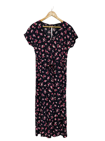NEW LOOK |S| BUST 17| A48| BLACK FLORAL PRINT SHORT-SLEEVE TECHNICAL UTILITY MIDI DRESS