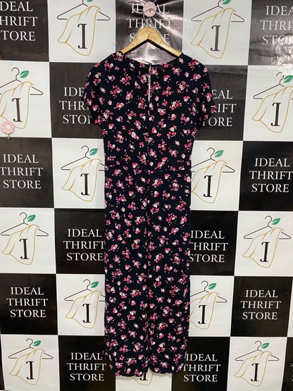 NEW LOOK |S| BUST 17| A48| BLACK FLORAL PRINT SHORT-SLEEVE TECHNICAL UTILITY MIDI DRESS