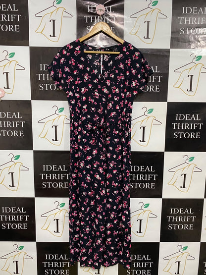 NEW LOOK |S| BUST 17| A48| BLACK FLORAL PRINT SHORT-SLEEVE TECHNICAL UTILITY MIDI DRESS