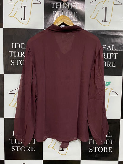 ANKO |XL| BUST 24| A48| BURGUNDY TIE-NECK LONG-SLEEVE TECHNICAL UTILITY BLOUSE