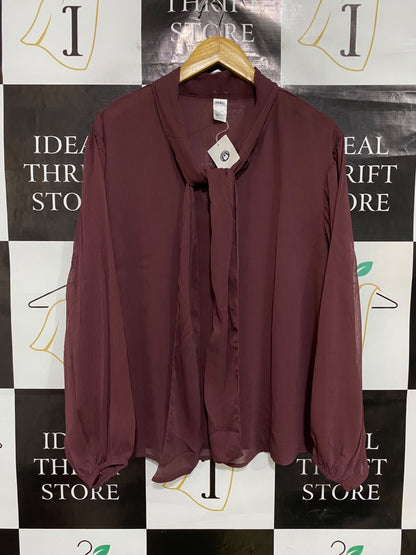 ANKO |XL| BUST 24| A48| BURGUNDY TIE-NECK LONG-SLEEVE TECHNICAL UTILITY BLOUSE