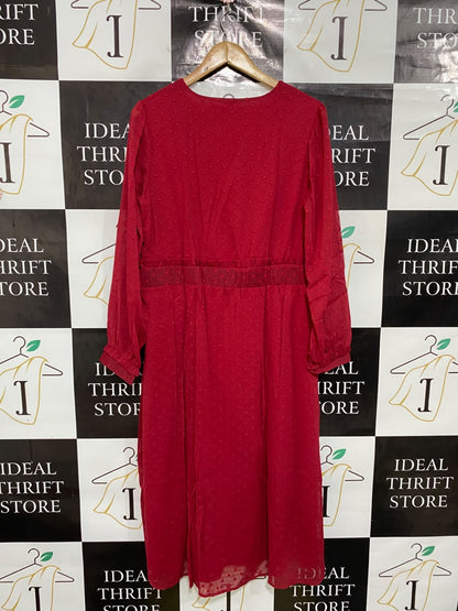ISAAC MIZRAHI |XL| BUST 21| A48| CRIMSON SWISS-DOT LONG-SLEEVE TECHNICAL UTILITY MIDI DRESS