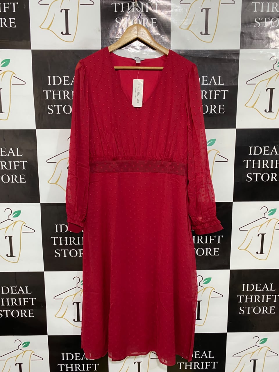 ISAAC MIZRAHI |XL| BUST 21| A48| CRIMSON SWISS-DOT LONG-SLEEVE TECHNICAL UTILITY MIDI DRESS