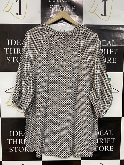 AVELLA |XL| BUST 26| A48| BLACK-AND-WHITE GEOMETRIC PRINT TIE-NECK TECHNICAL UTILITY BLOUSE