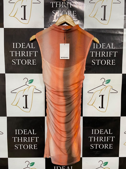 BERSHKA |M| BUST 13| A48| ORANGE-AND-BROWN GRADIENT MESH SLEEVELESS TECHNICAL UTILITY DRESS