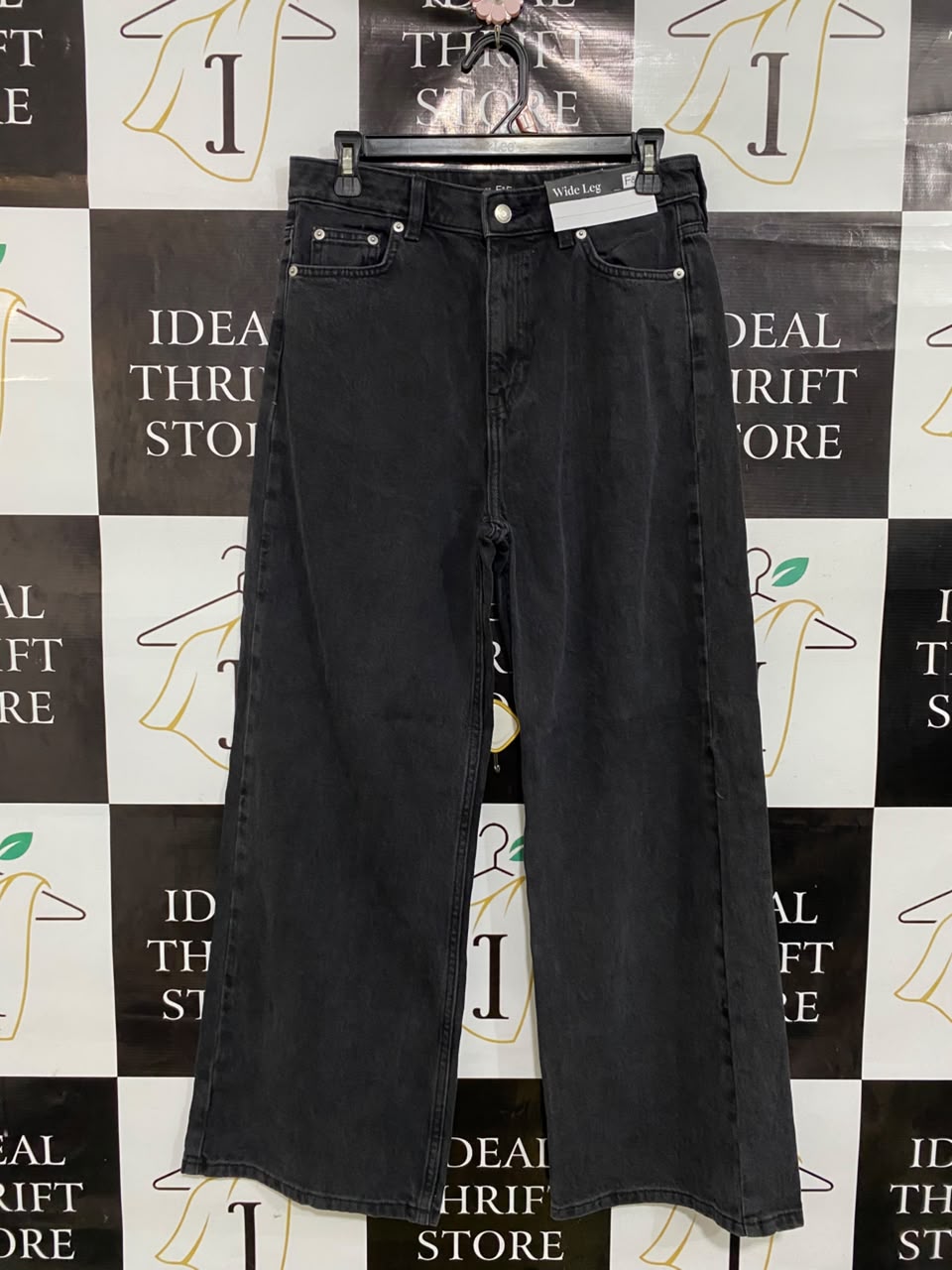 F&F |L |WAIST 30| A48| WASHED BLACK DENIM WIDE-LEG TECHNICAL UTILITY JEANS