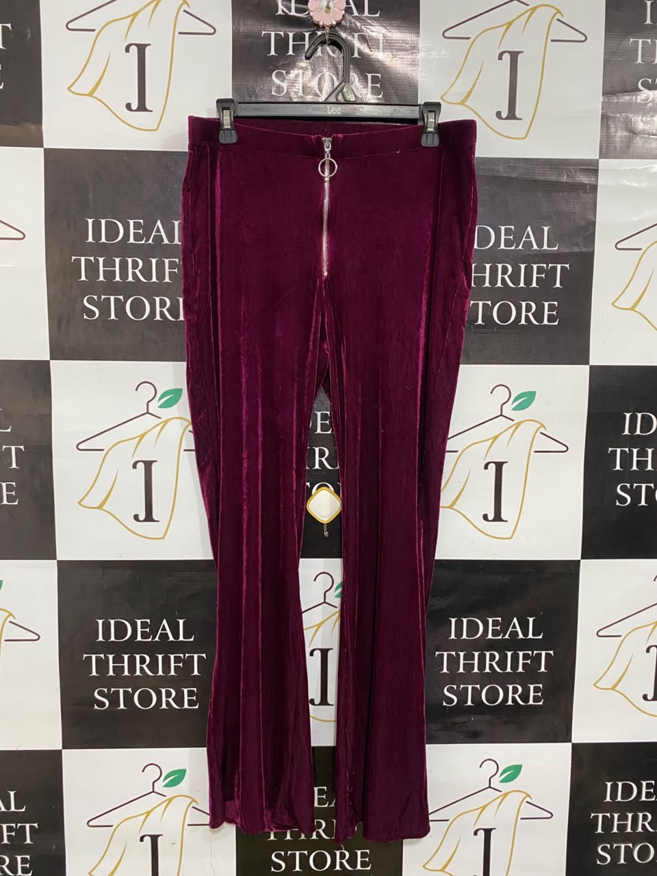 PRIMARK |M| WAIST 32| A48| BURGUNDY VELVET ZIP-FRONT FLARE TECHNICAL UTILITY TROUSERS