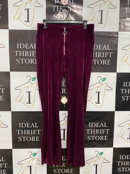 PRIMARK |M| WAIST 32| A48| BURGUNDY VELVET ZIP-FRONT FLARE TECHNICAL UTILITY TROUSERS