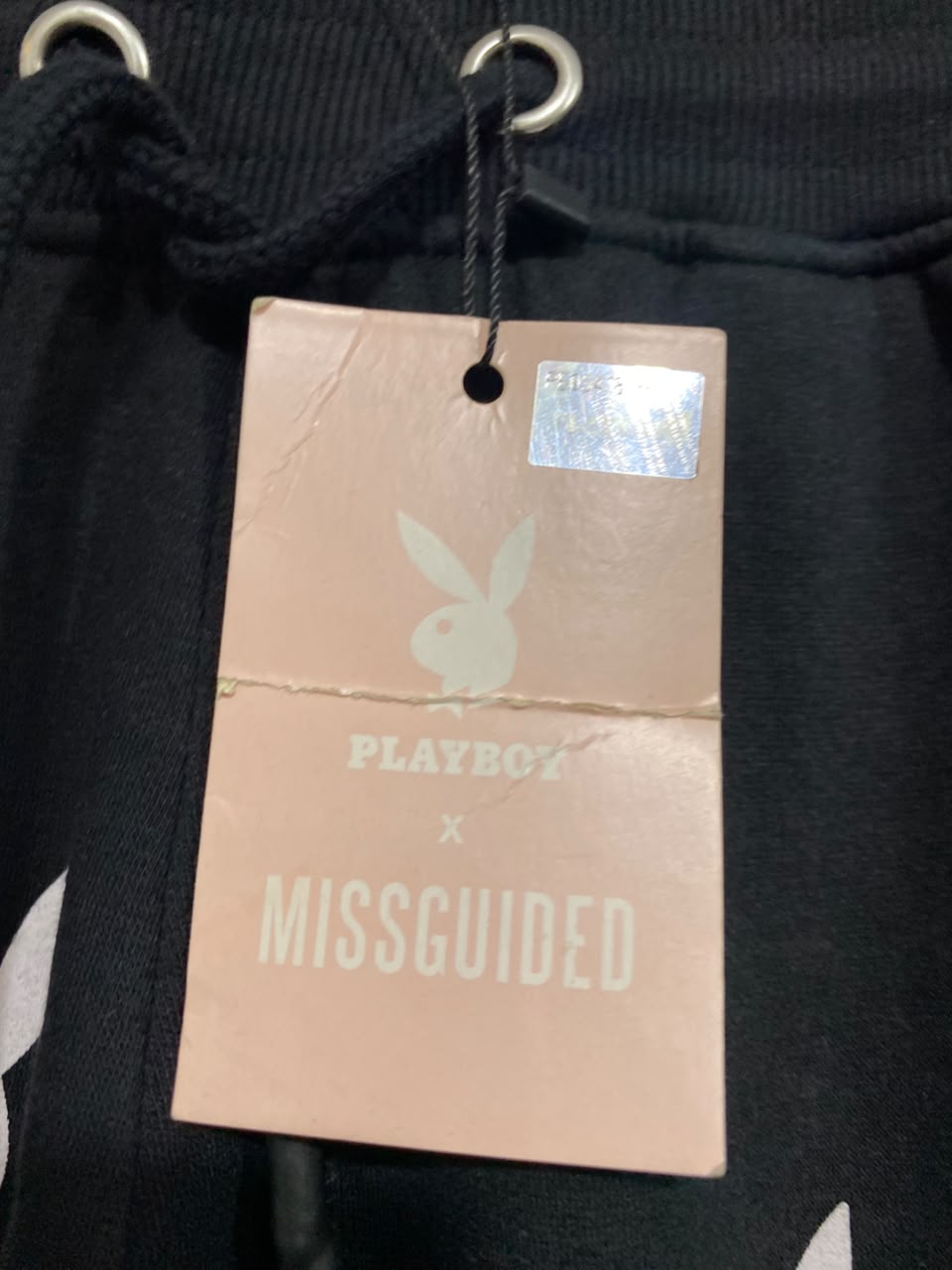 MISSGUIDED |S| WAIST 26| A48| BLACK PLAYBOY BUNNY-PRINT TECHNICAL UTILITY SWEATPANTS