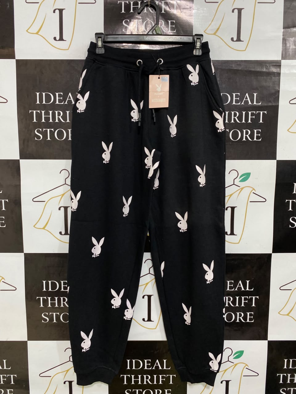 MISSGUIDED |S| WAIST 26| A48| BLACK PLAYBOY BUNNY-PRINT TECHNICAL UTILITY SWEATPANTS
