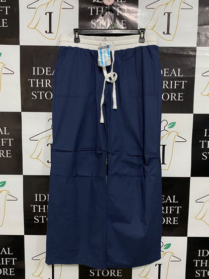 VALLEY GIRL |XL| WAIST 34| A48| NAVY BLUE ELASTICATED DRAWSTRING WIDE-LEG TECHNICAL UTILITY TROUSERS