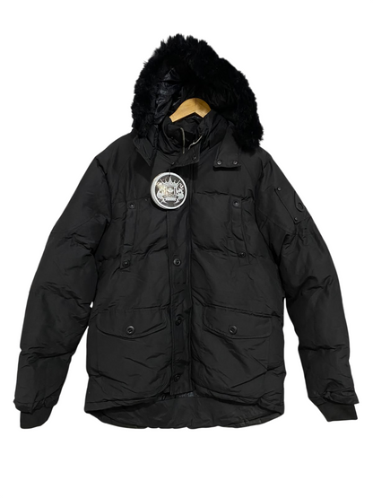 MOOSE KNUCKLES |S| BUST 23| A24| SOLID BLACK FUR-TRIMMED HOODED TECHNICAL UTILITY PARKA JACKET