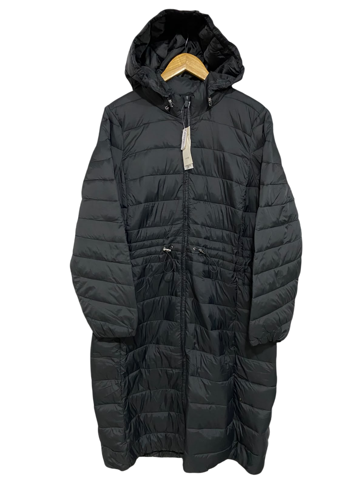 GEORGE |L| BUST 23| A20| SOLID BLACK WAIST-CINCHED HOODED LONG PUFFER TECHNICAL UTILITY COAT