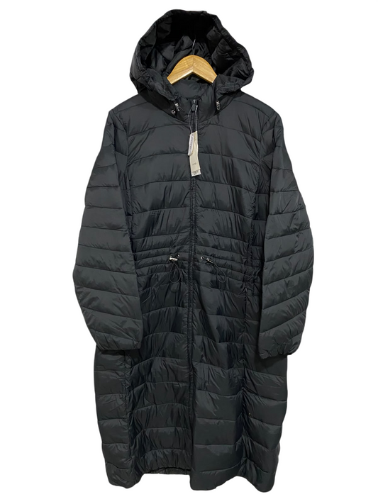 GEORGE |L| BUST 23| A20| SOLID BLACK WAIST-CINCHED HOODED LONG PUFFER TECHNICAL UTILITY COAT