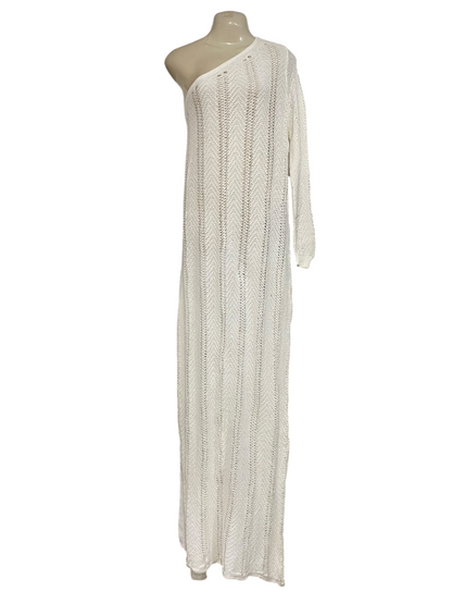 BOOHOO |L| BUST 22| A48| OFF-WHITE ONE-SHOULDER OPEN-KNIT TECHNICAL UTILITY MAXI DRESS
