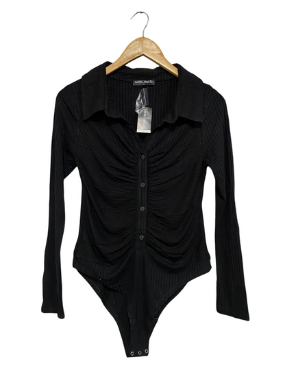 SELECT |L| BUST 16| A48| SOLID BLACK RUFFLED COLLARED TECHNICAL UTILITY BODYSUIT