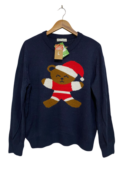 PRIMARK |L| BUST 22| A48| NAVY SANTA BEAR GRAPHIC KNIT TECHNICAL UTILITY SWEATER