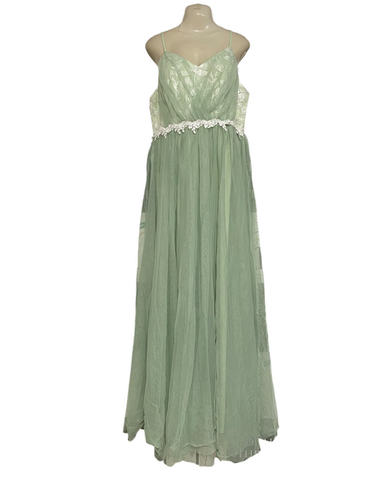 MGIACY |XL| BUST 19| A1| SAGE GREEN LACE-ACCENTED TULLE TECHNICAL UTILITY MAXI DRESS