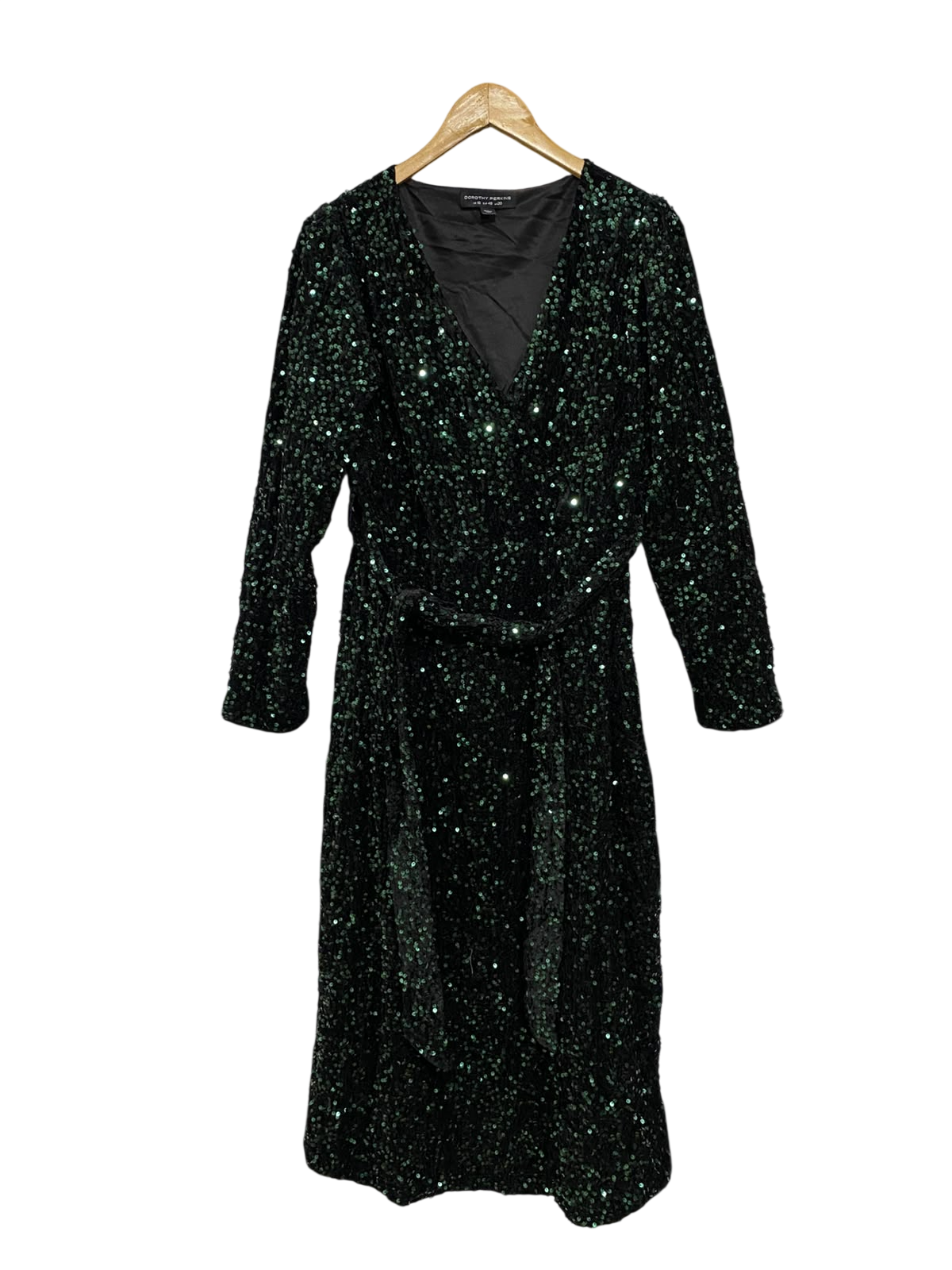 DOROTHY PERKINS |L| BUST 21| A48| DARK GREEN SEQUIN WRAP TECHNICAL UTILITY MIDI DRESS