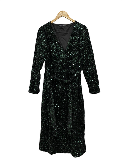 DOROTHY PERKINS |L| BUST 21| A48| DARK GREEN SEQUIN WRAP TECHNICAL UTILITY MIDI DRESS