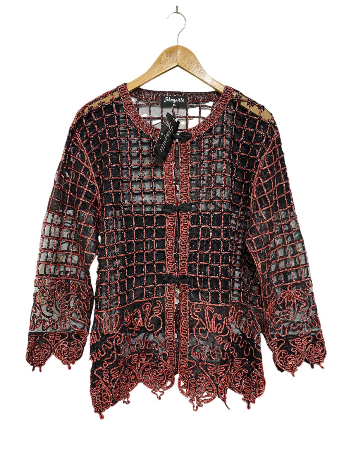 SHAQUILLE |XL| BUST 22| A48| BLACK-AND-ROSE BEADED MESH TECHNICAL UTILITY CARDIGAN