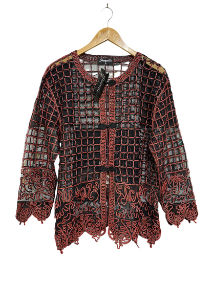 SHAQUILLE |XL| BUST 22| A48| BLACK-AND-ROSE BEADED MESH TECHNICAL UTILITY CARDIGAN