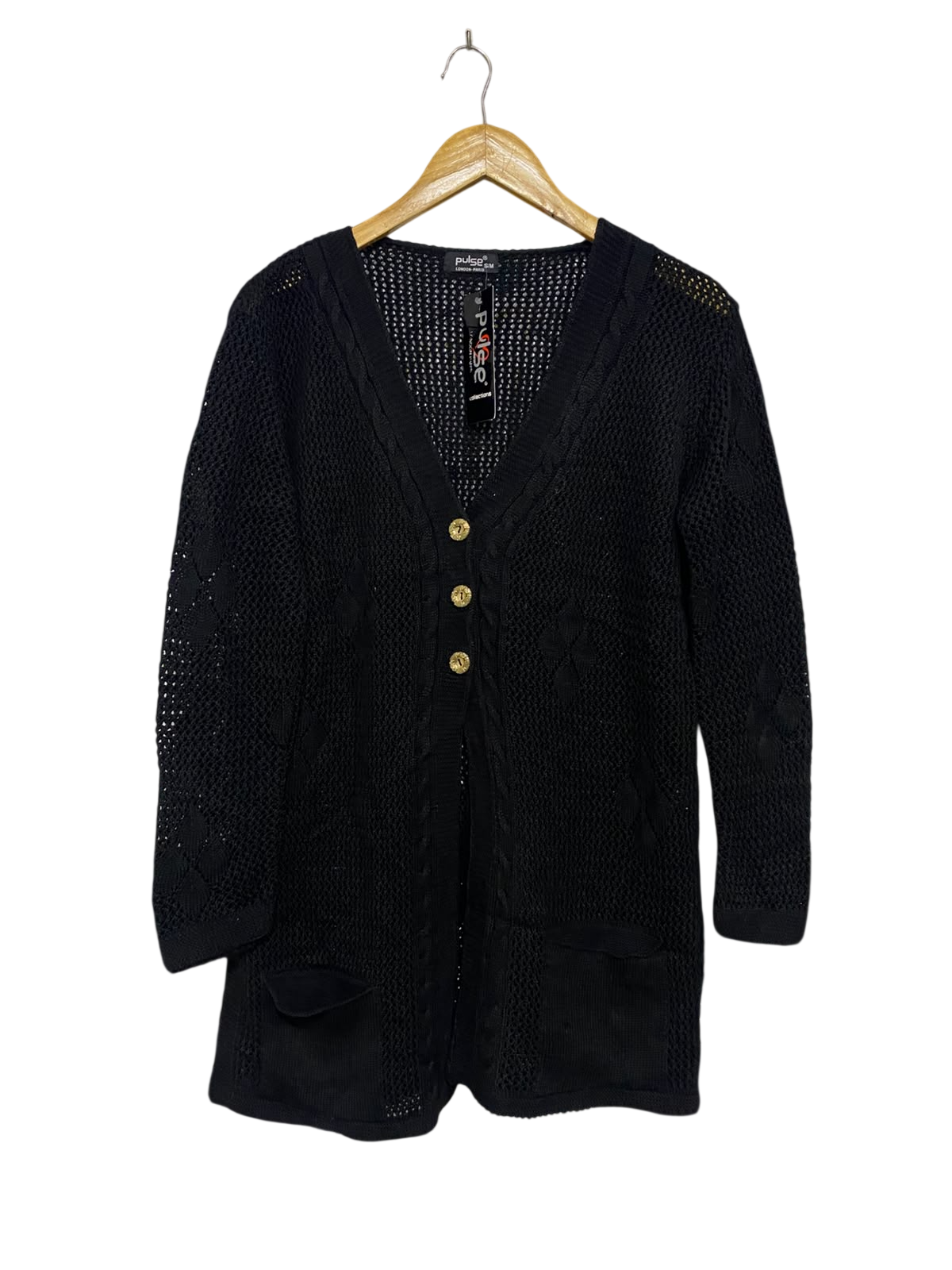 PULSE |S/M| BUST 20| A48| SOLID BLACK OPEN-KNIT BUTTON-DOWN TECHNICAL UTILITY CARDIGAN