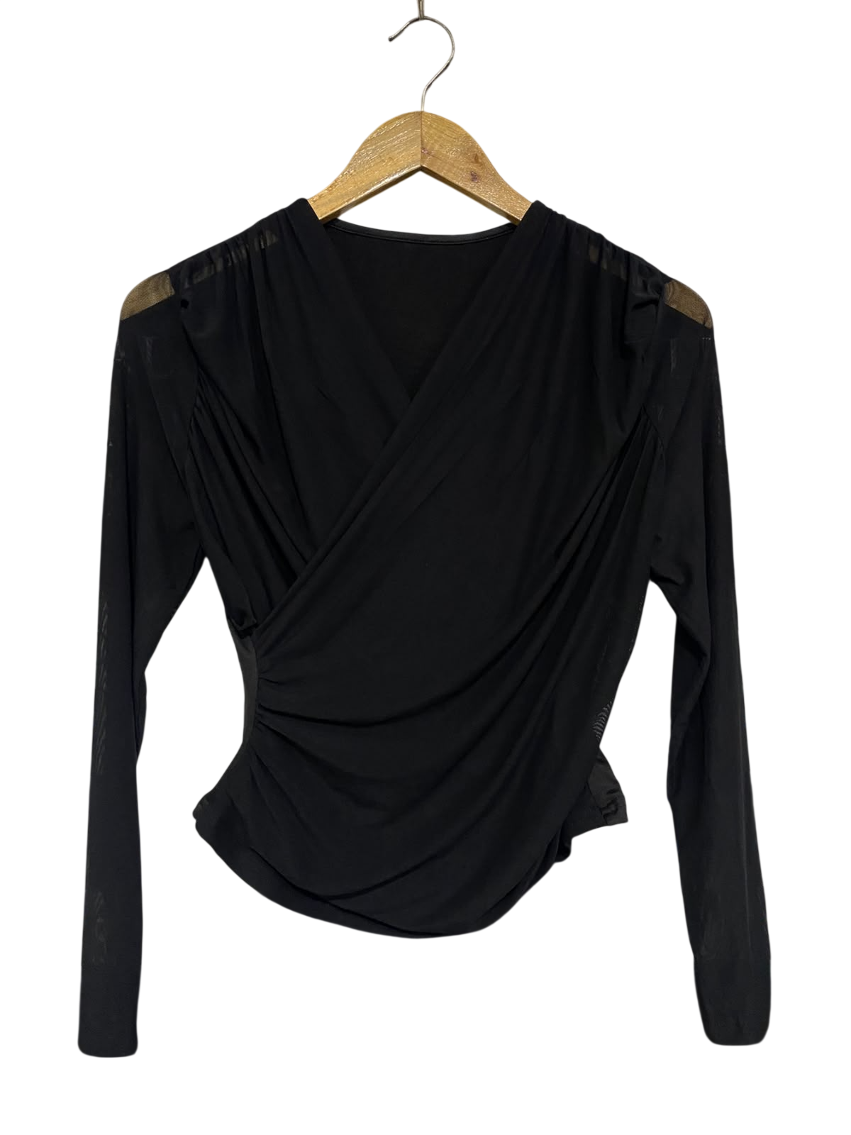 SHEIN |XL| BUST 15| A48| SOLID BLACK FAUX-WRAP RUCHED TECHNICAL UTILITY LONG-SLEEVE TOP