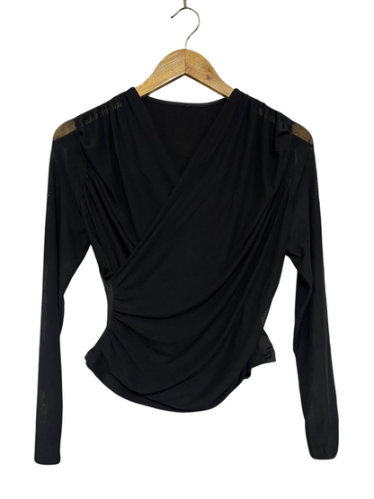 SHEIN |XL| BUST 15| A48| SOLID BLACK FAUX-WRAP RUCHED TECHNICAL UTILITY LONG-SLEEVE TOP