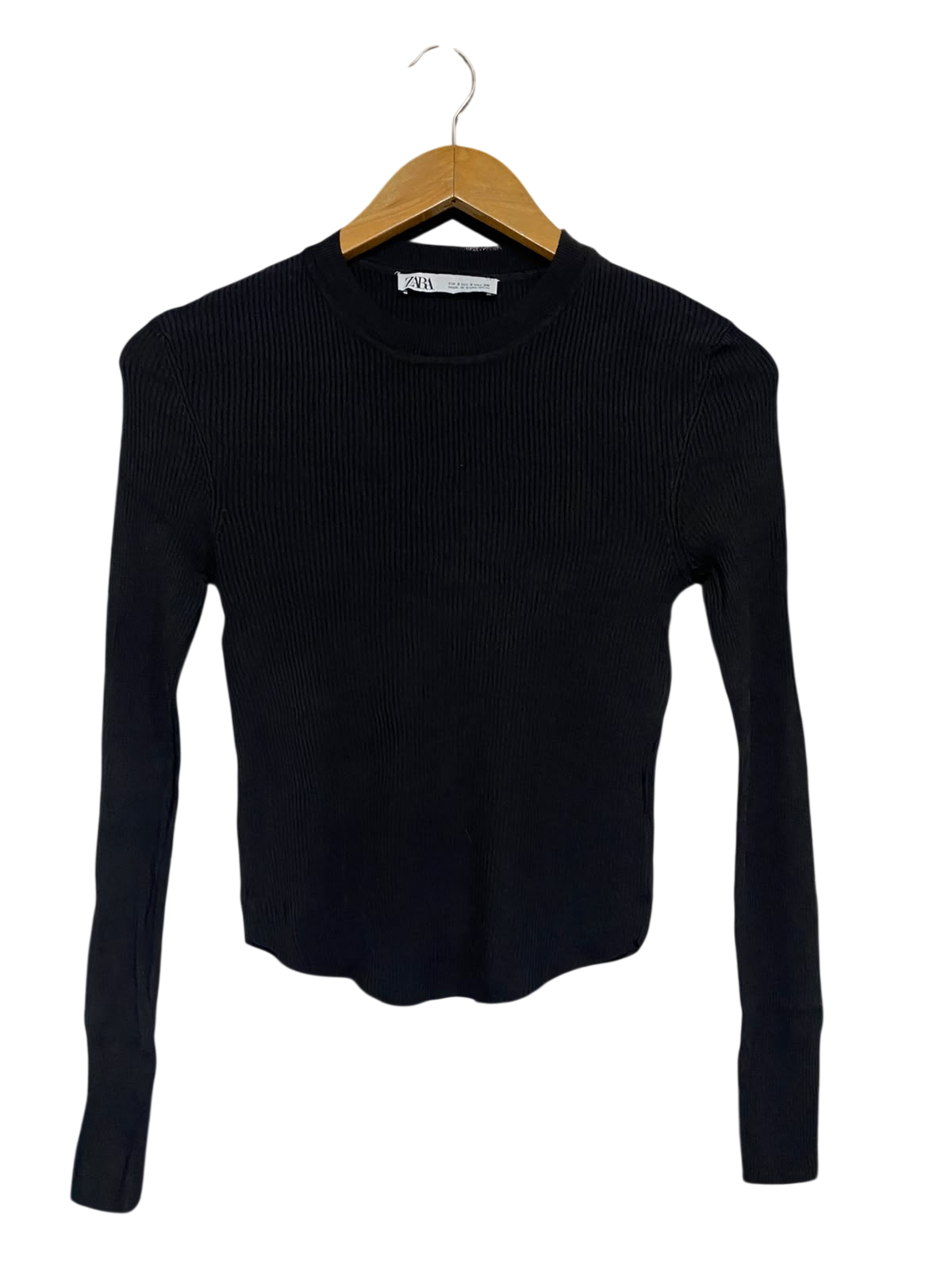 ZARA |S| BUST 14| A48| SOLID BLACK RIBBED CREWNECK TECHNICAL UTILITY CURVED-HEM TOP
