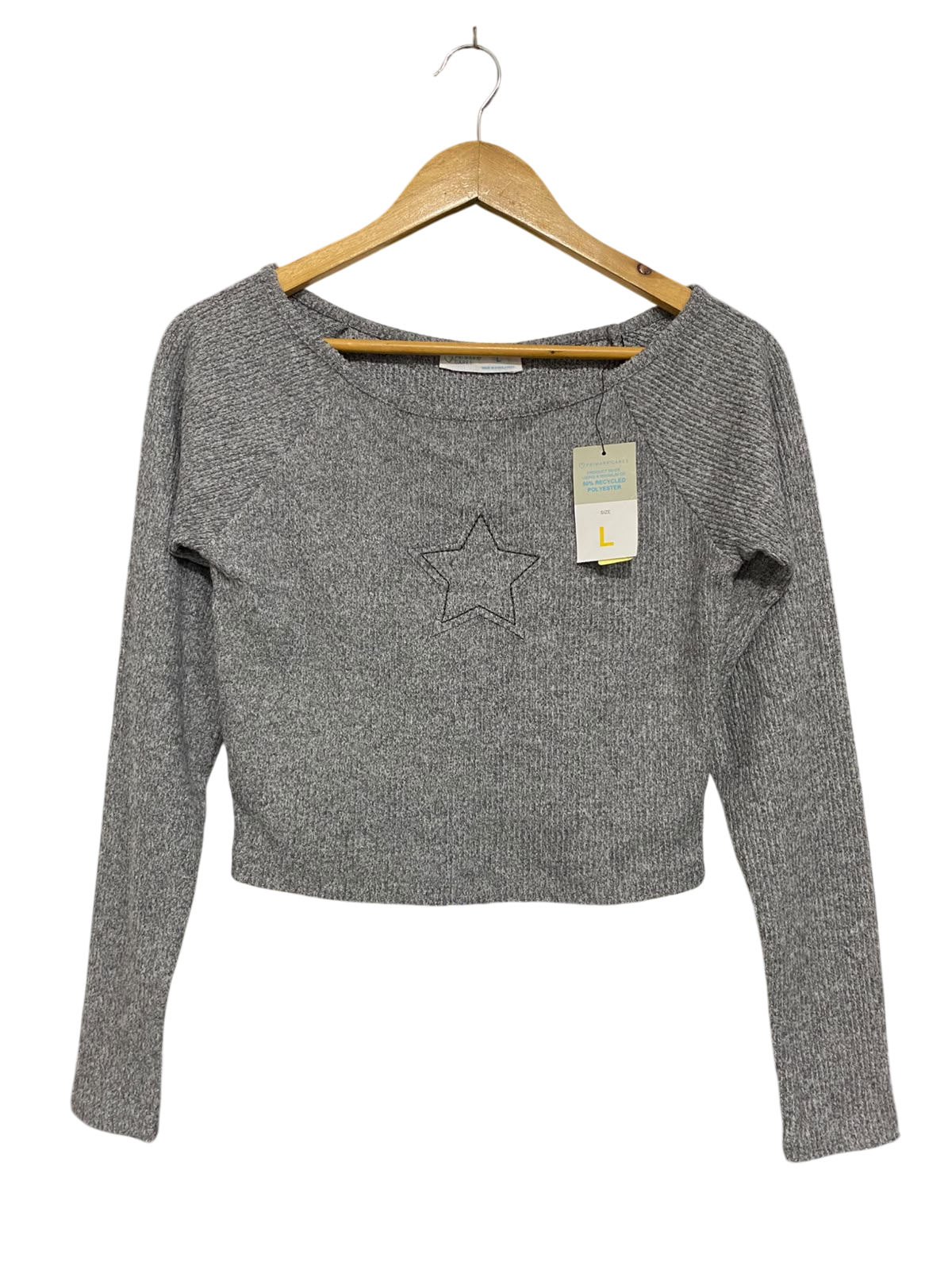 PRIMARK CARES |L| BUST 16| A48| HEATHER GREY STAR-EMBROIDERED TECHNICAL UTILITY CROP TOP