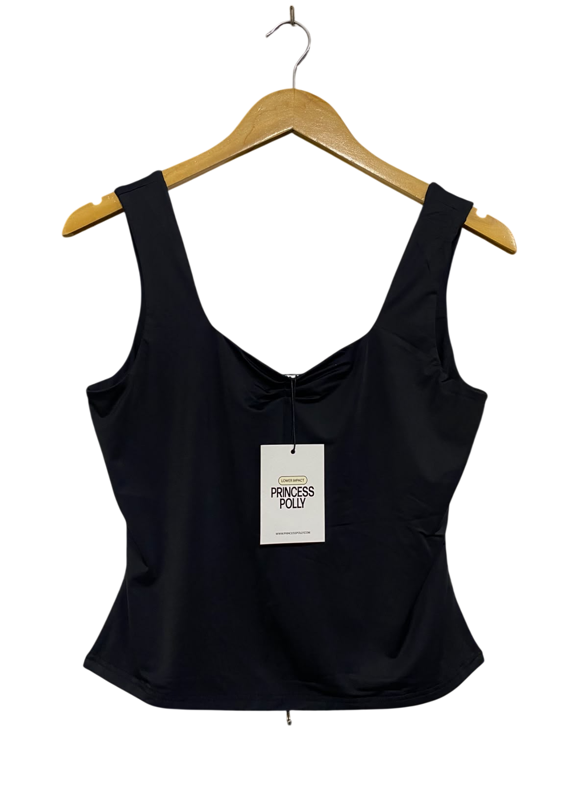 PRINCESS POLLY |S| BUST 16| A48| SOLID BLACK SCOOP-NECK RUCHED TECHNICAL UTILITY TANK TOP