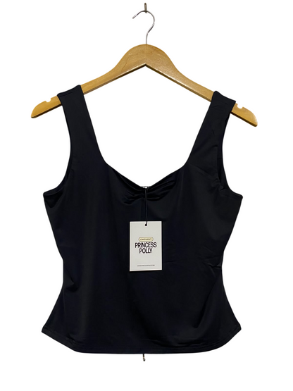 PRINCESS POLLY |S| BUST 16| A48| SOLID BLACK SCOOP-NECK RUCHED TECHNICAL UTILITY TANK TOP