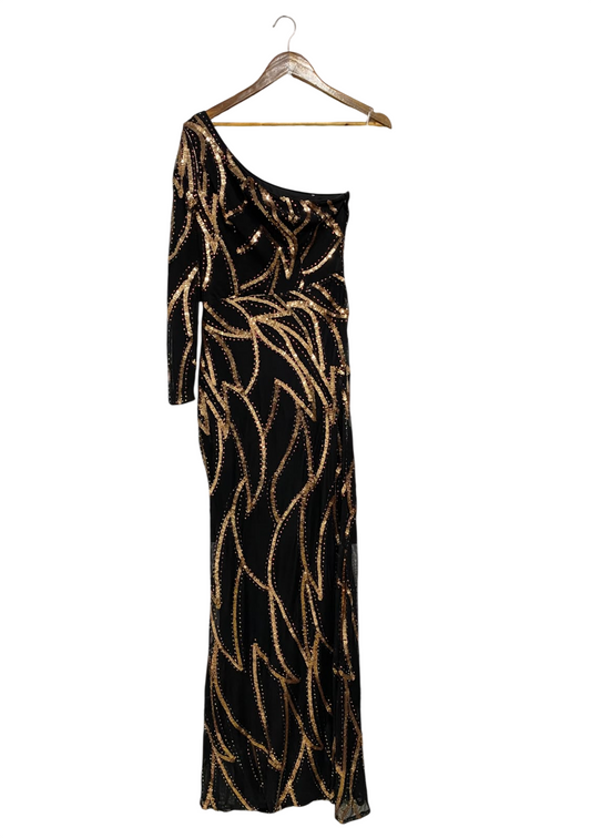 MISS ORD |L| BUST 15| A49| BLACK AND GOLD SEQUIN ONE-SHOULDER TECHNICAL UTILITY MAXI DRESS