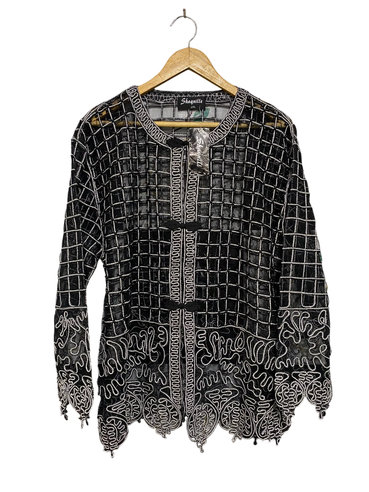 SHAQUILLA |XL| BUST 23| A49| BLACK AND WHITE EMBROIDERED MESH TECHNICAL UTILITY CARDIGAN