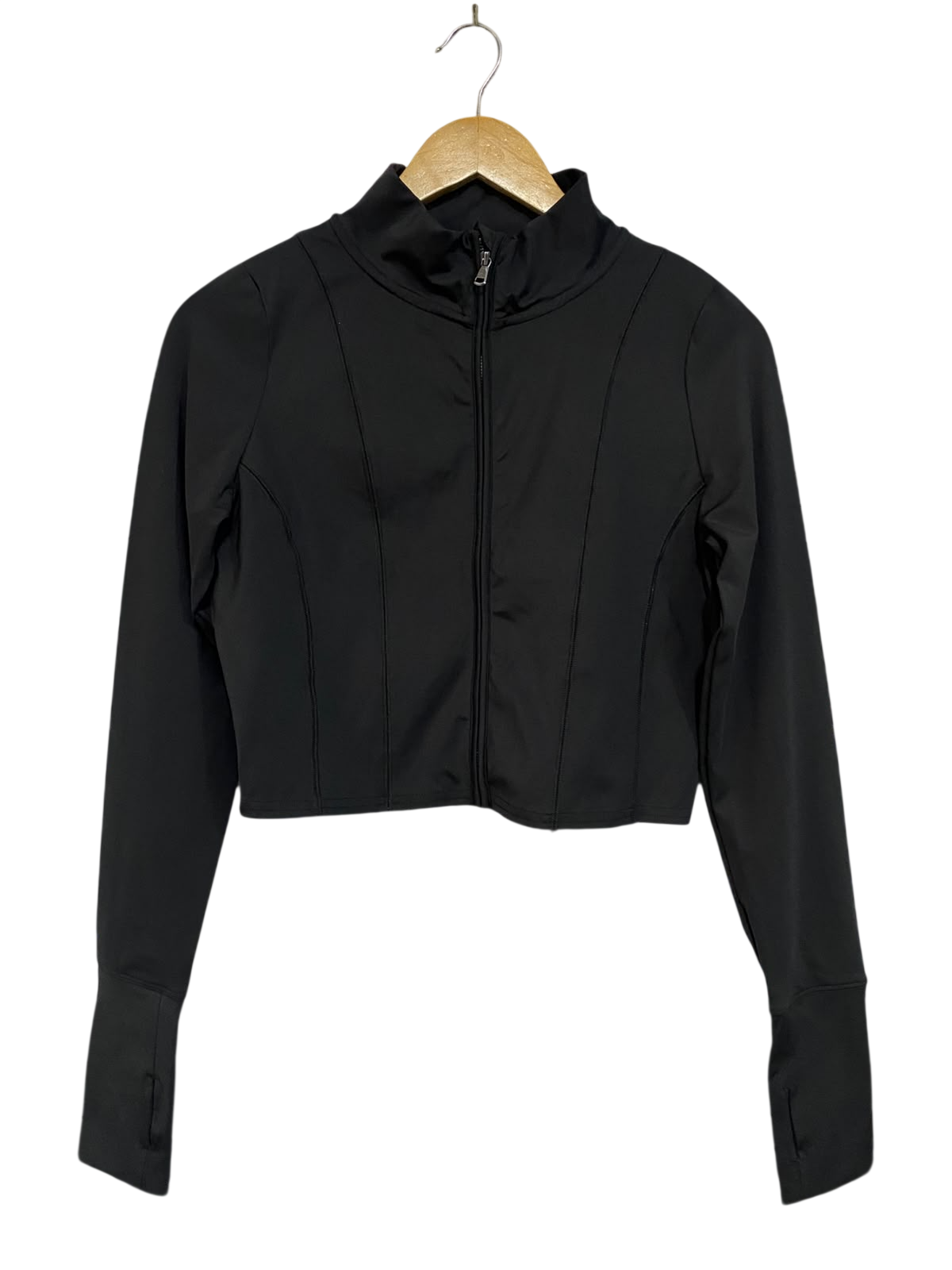 GILLY HICKS |M| BUST 17| A49| SOLID BLACK HIGH-NECK CROPPED TECHNICAL UTILITY ZIP-UP JACKET